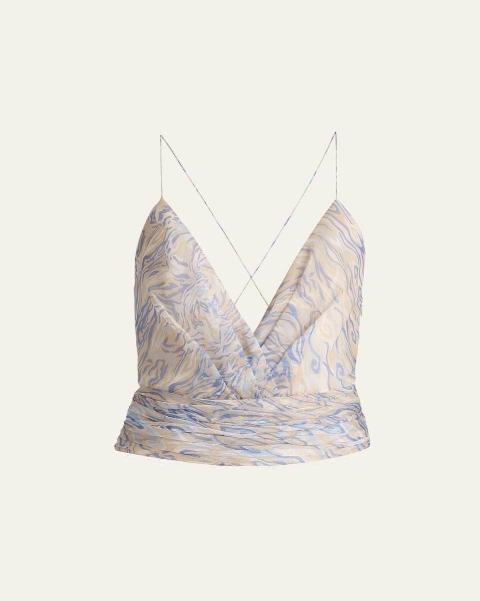 Abstract Crisscross Ruched Silk Blouse